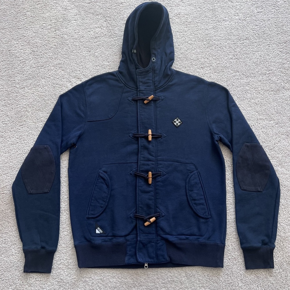 10.Deep Toggle Full Zip Hoodie Mens Large Navy Blue Fleece Elbow Patches